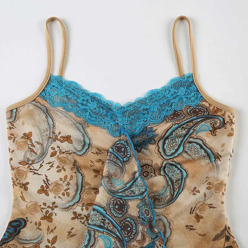 Retro womens summer contrasting print spaghetti strap irregular pleated vest sexy ultra-thin backless lace patch work vest topXJ250508