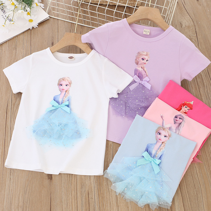 DISNEY Frozen Princess Elsa kids designer clothes toddler designer clothes Children's summer girl short-sleeved T-shirt Comfortable fabric.