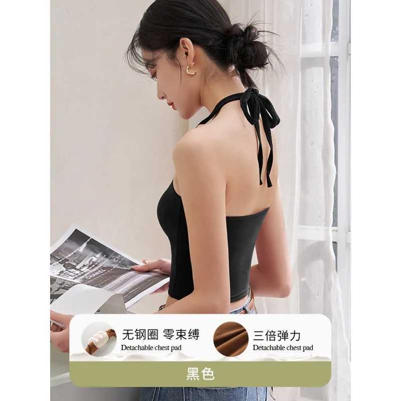 For 40-60kg Halter Spaghetti Straps Sleeveless Camisole Top For Women Short Crop Tops With Chest Pad Beauty Back UnderwearXJ250508