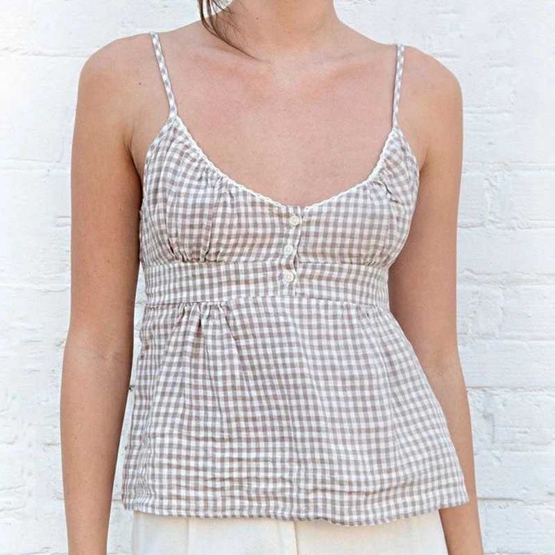 Y2K Fairycore Grunge Plaid Camisole 90s 00s Aesthetic Retro Ruffles Milkmaid Top Summer V Neck Sleeveless Kawaii Crop Top WomenXJ250508