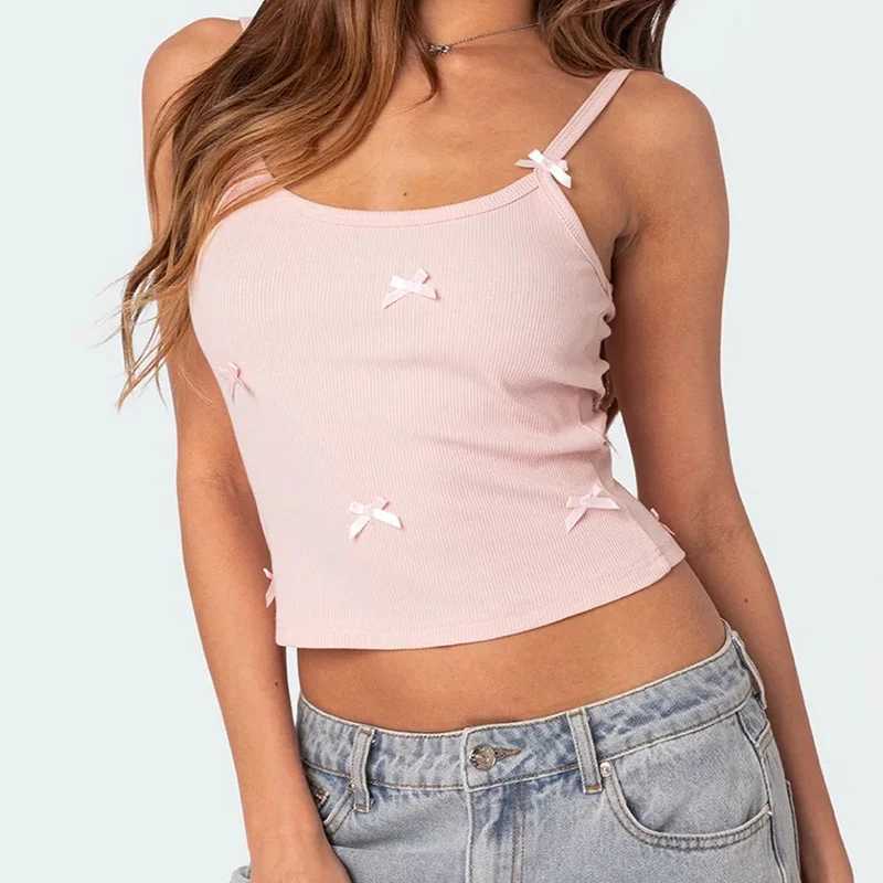 Summer Pink Bow Tie Womens Corset Korean Fashion Sweet Sexy Crop Tops Casual Sleeveless Tank Top 2000s Gothic Backless CamisoleXJ250508