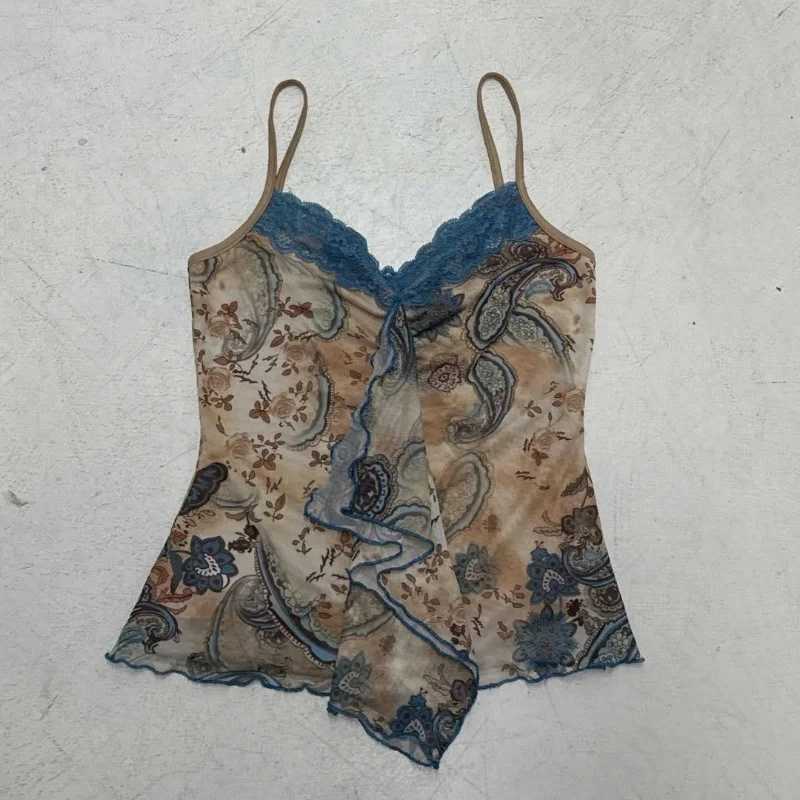 Retro womens summer contrasting print spaghetti strap irregular pleated vest sexy ultra-thin backless lace patch work vest topXJ250508