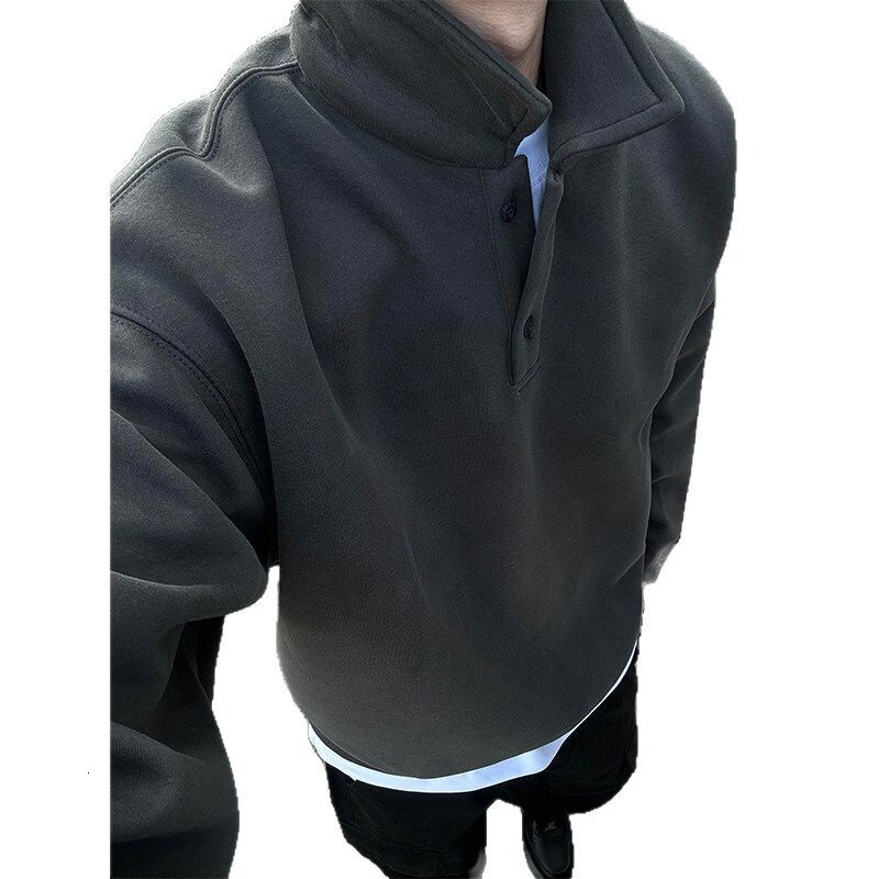 Dark gray polo collar sweatshirt for men in spring autumn, a high-end feel, paired with long sleeved undershirt and American style lapel jacket