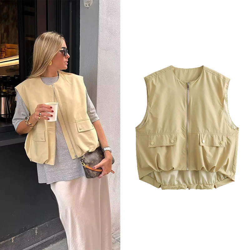 Willshela Womens Fashion Pocket Fold Front Zipper Tank Top Sleeveless Jacket Retro Oneck 250430Z