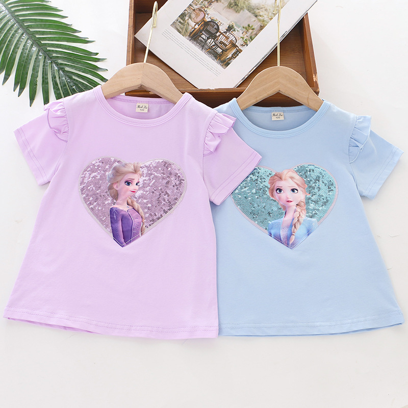DISNEY Frozen Princess Elsa kids designer clothes Girl summer short-sleeved T-shirt cotton clothes heart sequins pure cotton without label design.