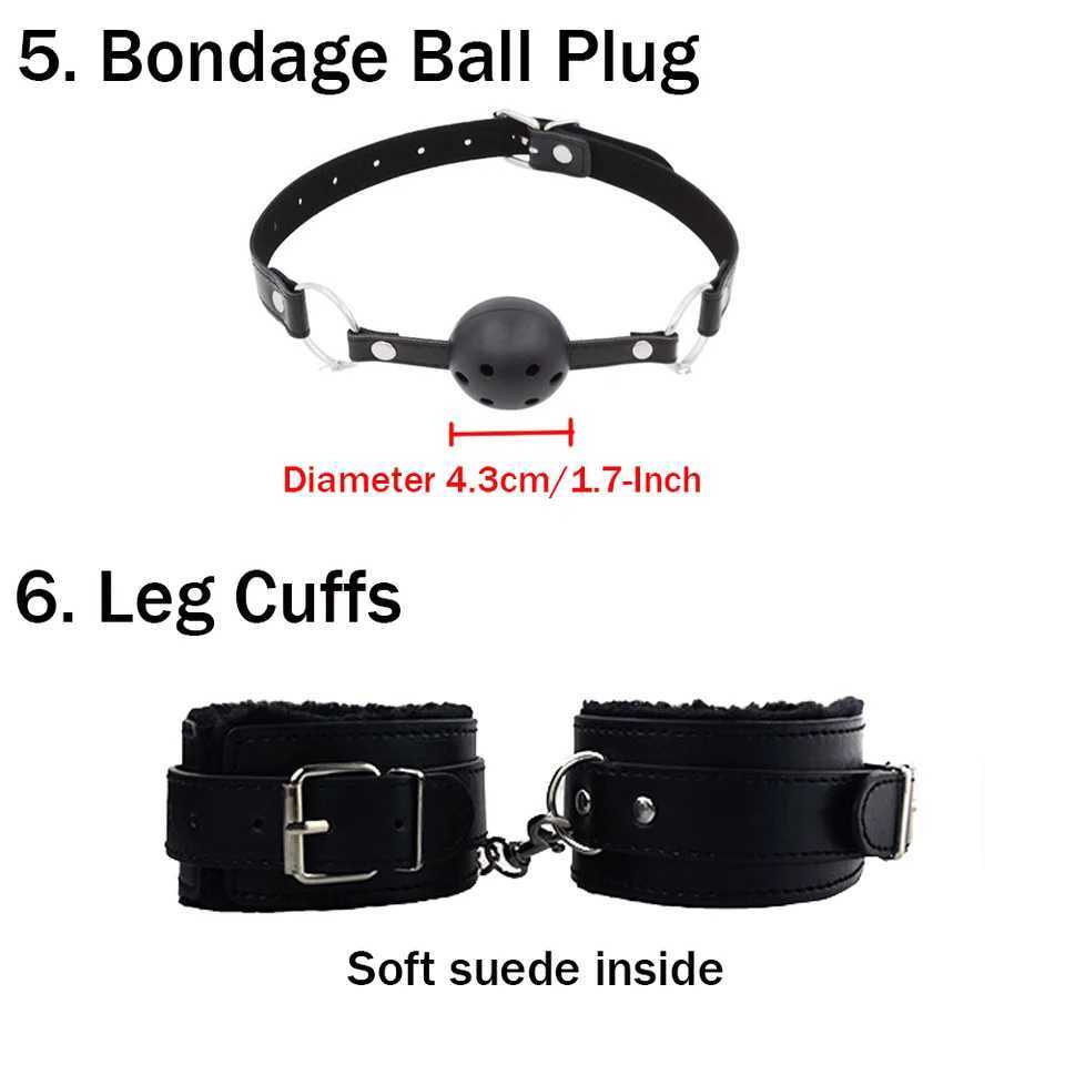 BDSM Bondage Restraint Kit 10 Pieces Leather Handcuffs Ankle Cuffs Collar Whip Ball Gag Blindfold Nipple Clamps Rope for Couples W250509