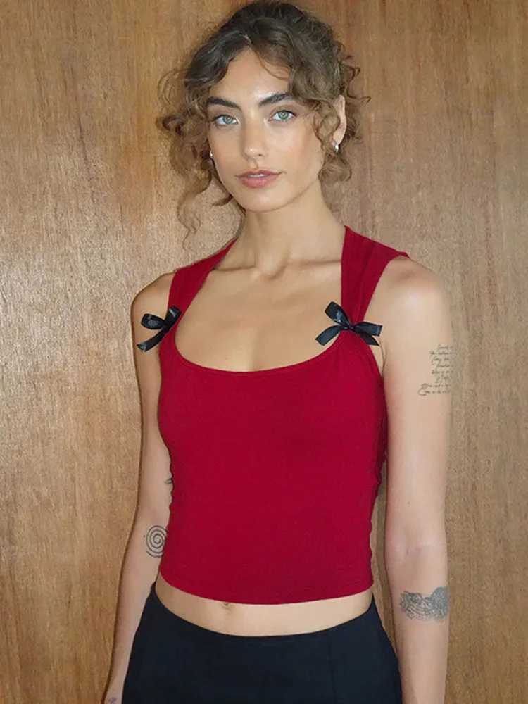 Y2K Womens Bow Tie-Up Tank Tops Wide Shoulder Straps Bandage Camisole Sexy Low Cut Crop Tops Female Vest TopsXJ250508