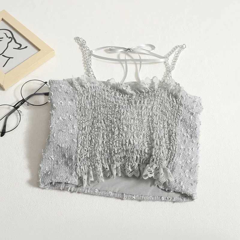 Womens elegant bow vest with bra pad Y2K crop top knitted chain shoulder strap womens summer vest summer 2024XJ250508