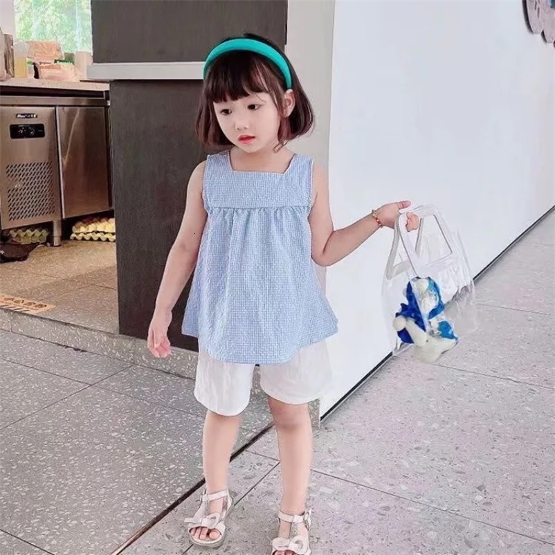 Girls Clothes Sets Summer Kids Casual Clothing for Girls Checked StrapsWhite Shorts Childrens Baby Girl Outfit 250508