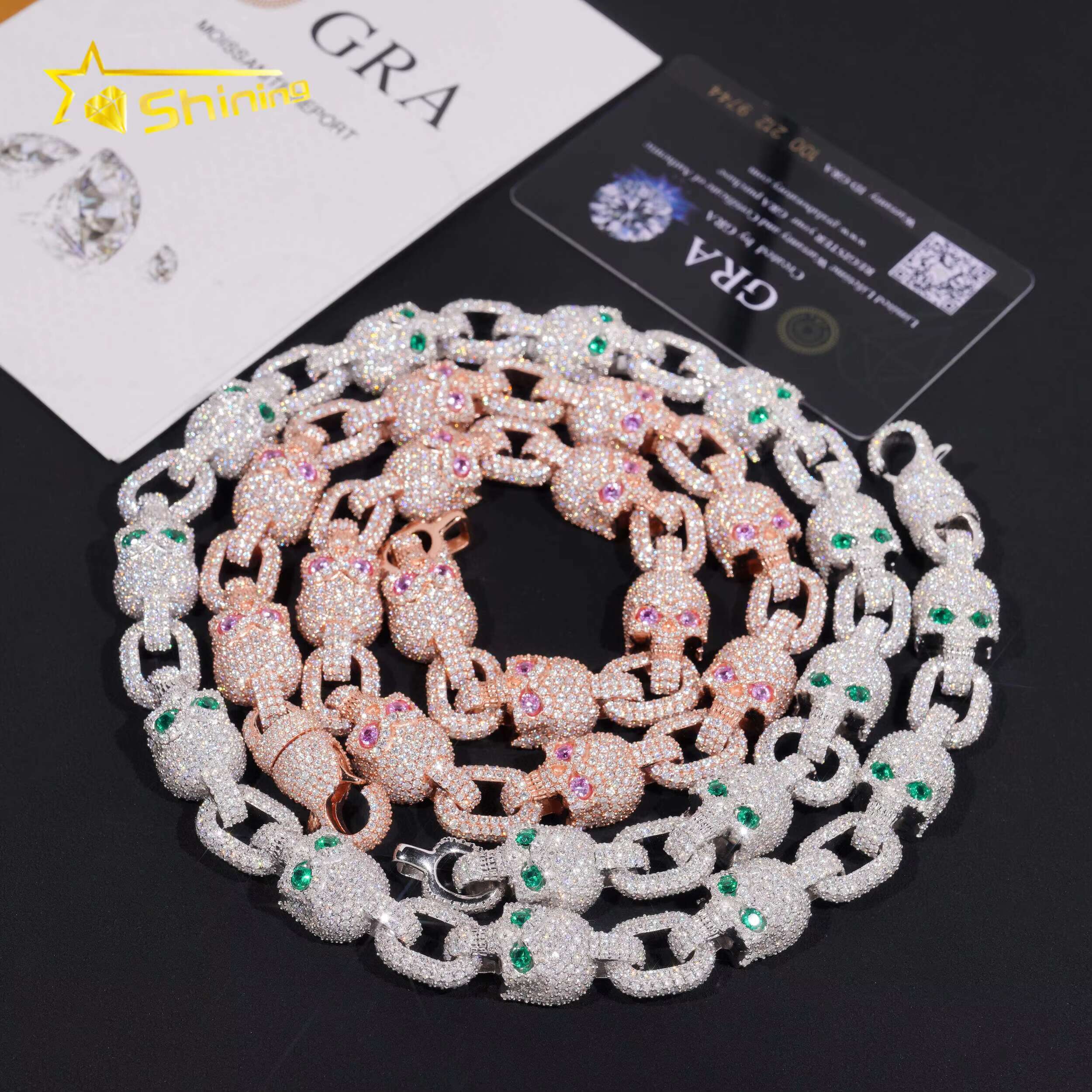 Bling Hip Hop Jewelry 15mm Solid 925 Sterling Silver Gold Plated GRA VVS Custom Made Skull Iced Out Moissanite Cuban Link Chain