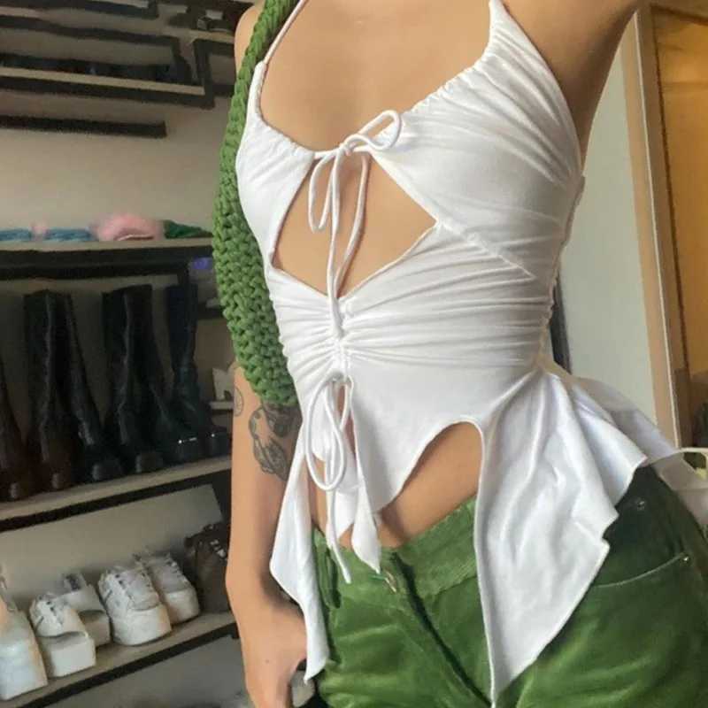 Gothic 21 Style Sexy Vintage Strappy Y2K Halter Crop Top Women Summer Backless Cami Ruffles Fashion Solid color Camisole PartyXJ250508