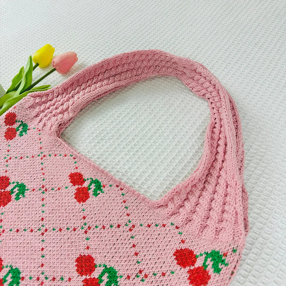 Fashion Cherry Knitted Shoulder Bag for Women Lafayette Bohemian Handbag Large Travel Shopping Strap Crochet Hook 250428