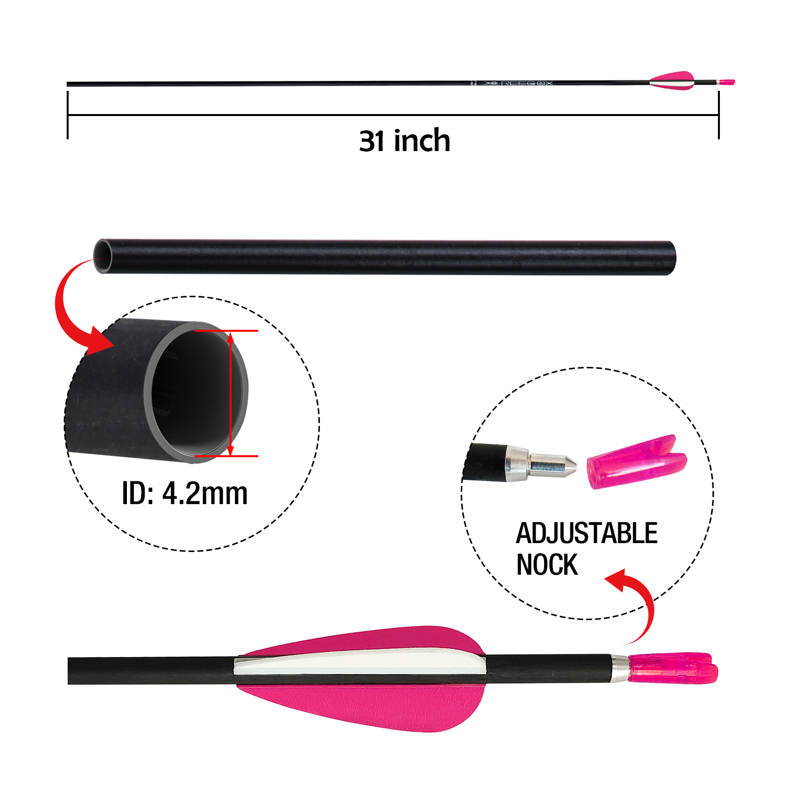 Archery Arrows without Arrow Heads Spine350-1500 31inch Targeting Arrows 4.2mm Hunting Arrows Carbon Practice Arrows for Recurve Bow & Compound Bow Pi