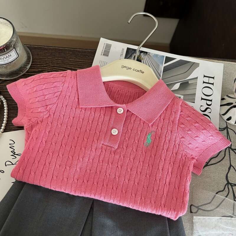 Korean Clothing 2025 New Summer Girls' Polo Shirt Twisted Flower Short Sleeved Children's Versatile Gray Skirt Pants Two-Piece Set