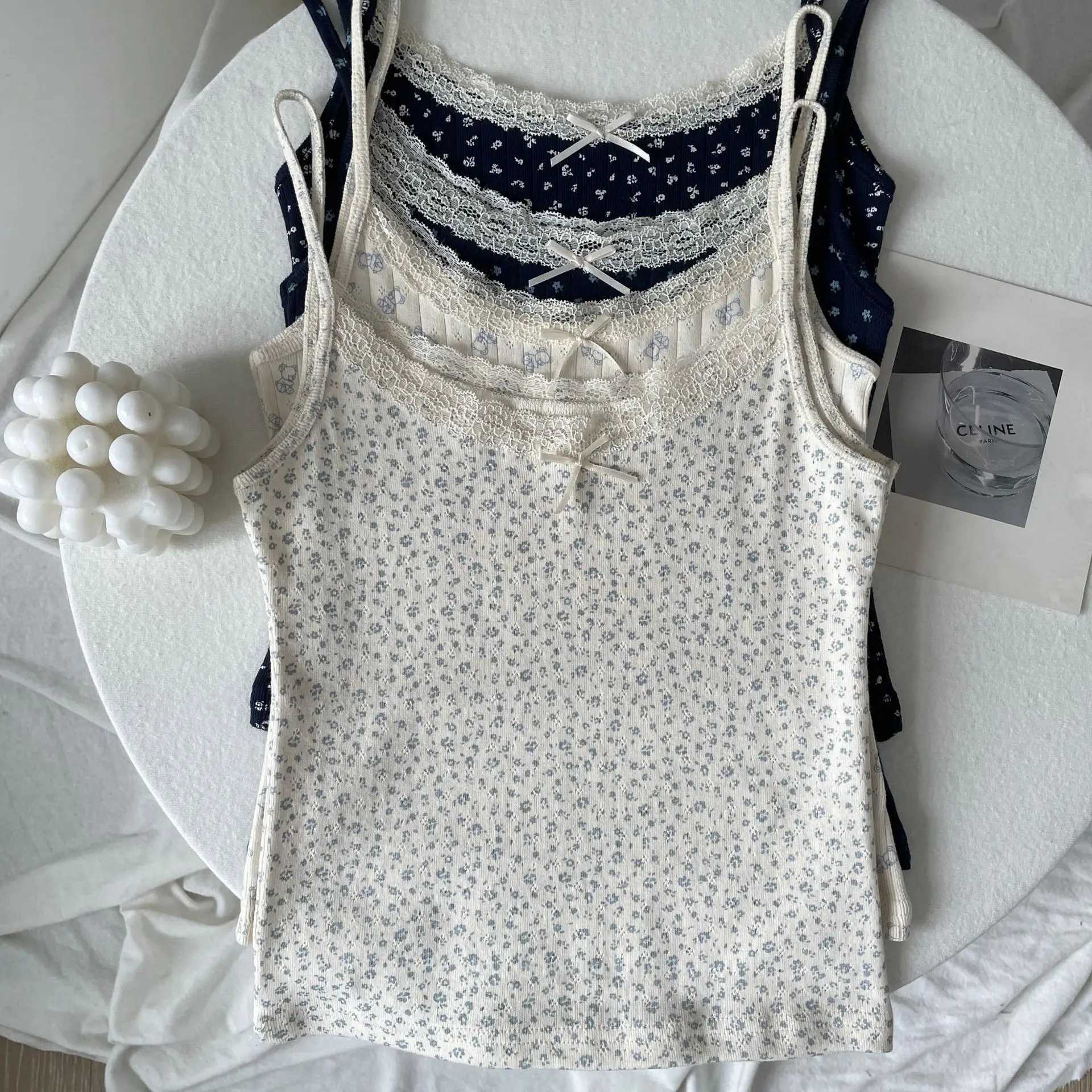 Floral Print Eyelet Camisole Women Lace Trim Bow Sleeveless Slim Tank Tops Summer New Sweet Chic Vintage Vest Crop Top Y2kXJ250508