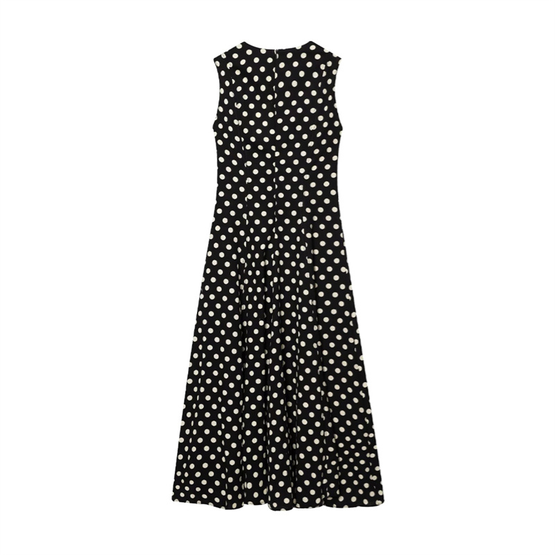 2025 summer new casual women's polka dot MIDI dress round neck sleeveless zipper decoration