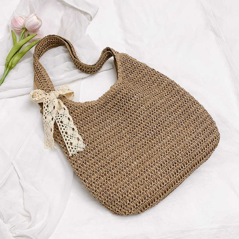 Summer fashion trend beach shoulder bag woven hand-held tote bag woven vegetable basket silk scarf bow women's bag
