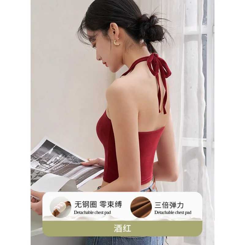 For 40-60kg Halter Spaghetti Straps Sleeveless Camisole Top For Women Short Crop Tops With Chest Pad Beauty Back UnderwearXJ250508