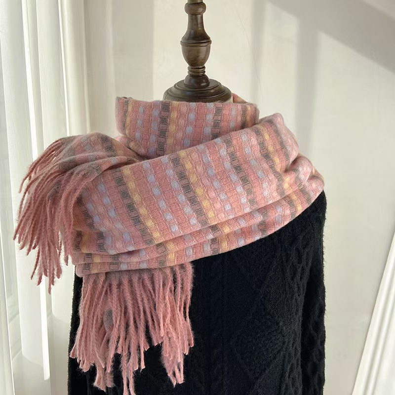 T669 scarf women's autumn and winter new Korean version color plaid student warm thickened neck cashmere tassel shawl