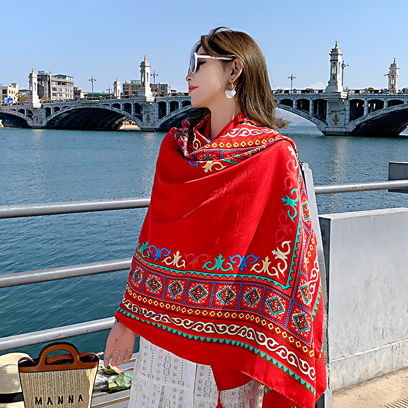 K662 New ethnic style large shawl Yunnan travel sunscreen scarf seaside beach towel cotton linen scarf cloak large gauze scarf