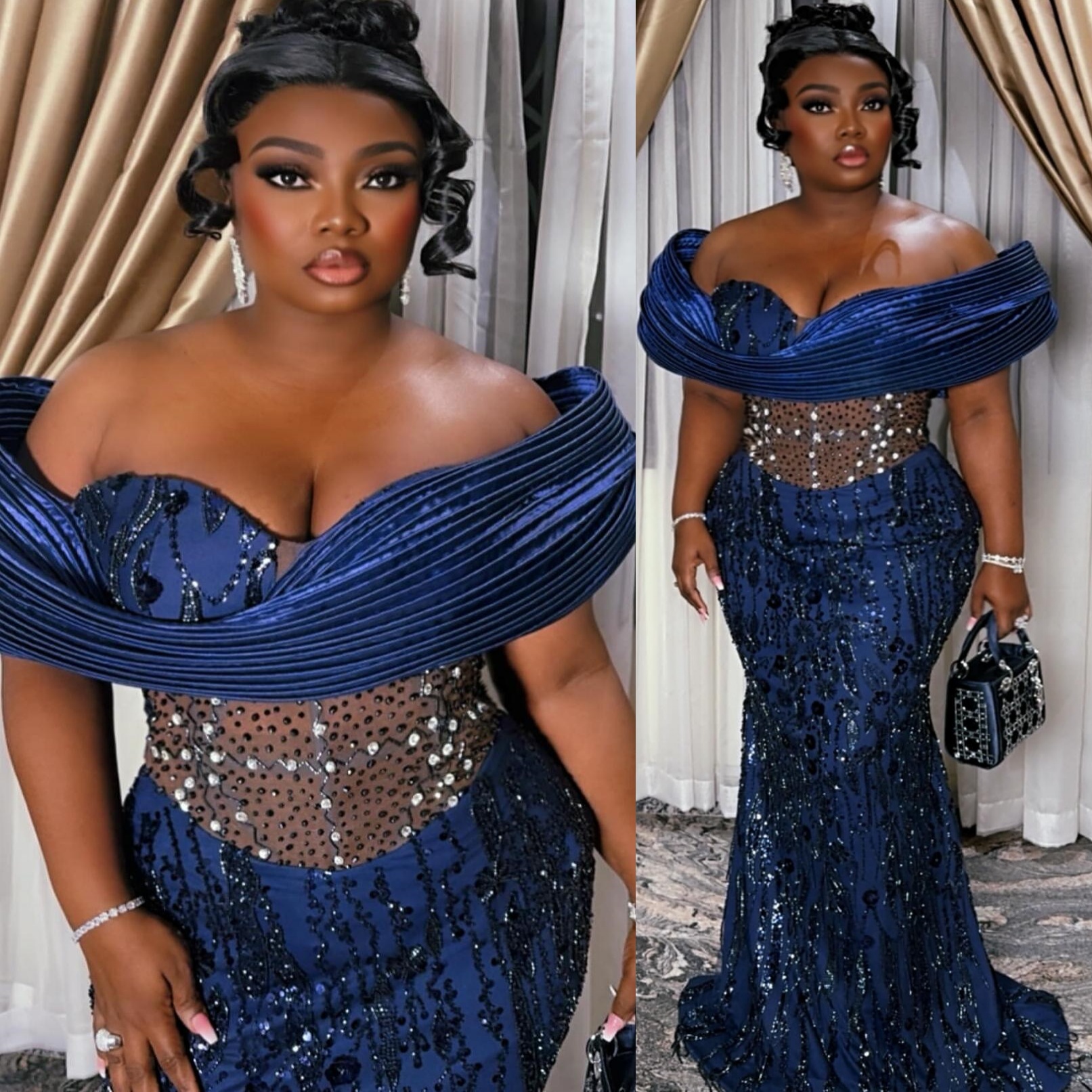Navy Blue Mermaid Plus Size Prom Dresses 2025 Sequined Crystals Sparkly Evening Formal Party Second Birthday Engagement Gowns Dress For Special Occasi