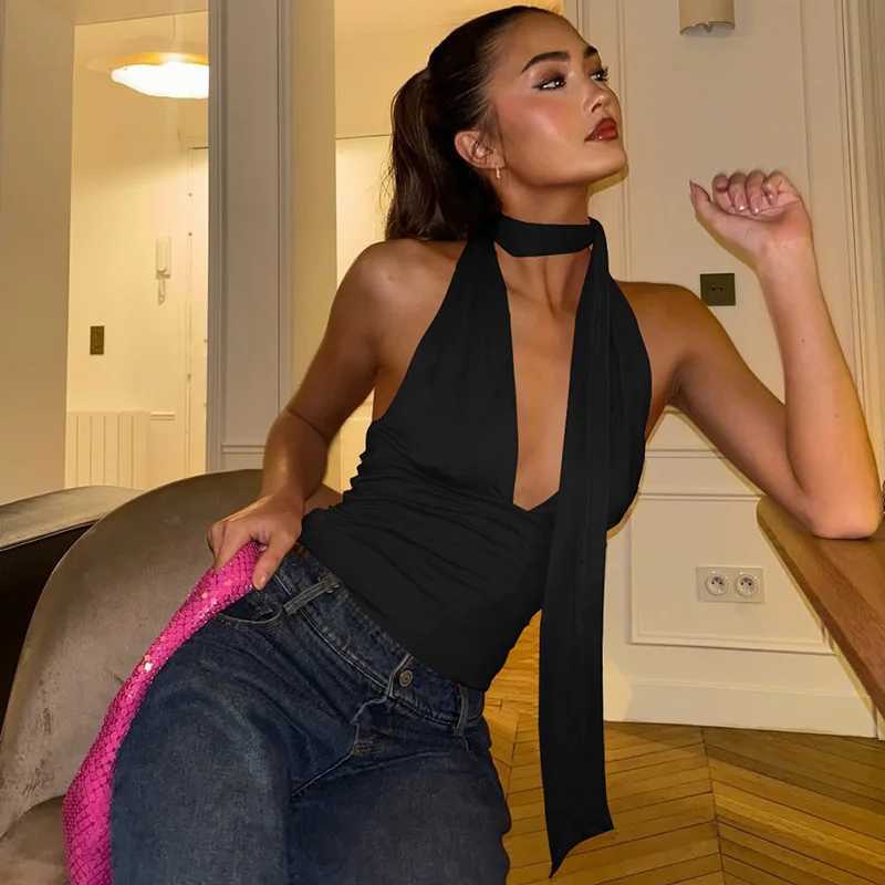 Womens Sexy Backless Low Cut Out Scarf Crop Tops Summer Trend Sleeveless Bandage Deep V-Neck Tank Tops Y2K Streetwear Basic VestXJ250508