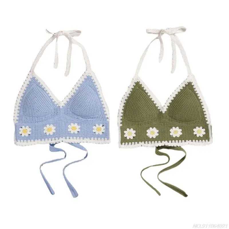 Sexy Crop Top Women Crochet Boho Beach Camisoles Bralette Halter Cami Knit Bra Backless Beachwear Top ly19 22XJ250508