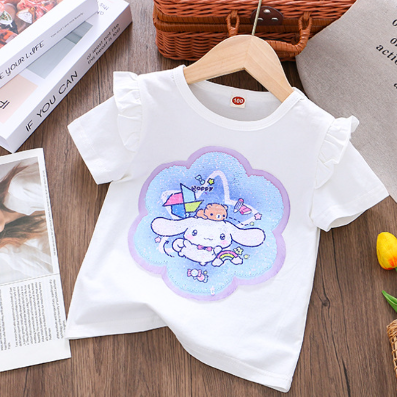 DISNEY Frozen Princess Elsa kids designer clothes Girl summer short-sleeved T-shirt double-sided color-changing sequins children thin cotton top.
