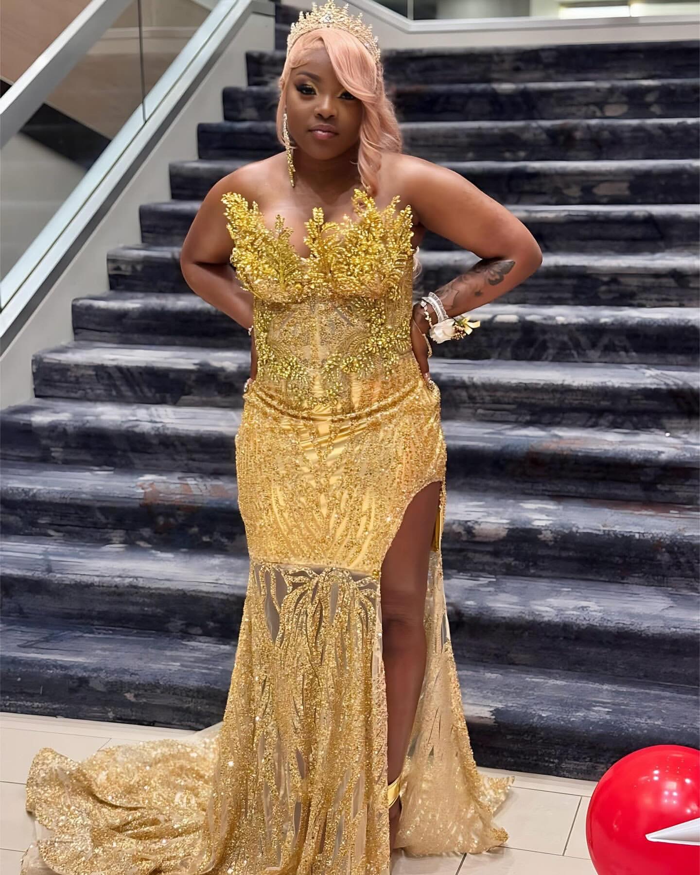 Gold Mermaid Plus Size Prom Dresses 2025 Floral Crystals Sequined Sparkly Evening Formal Party Second Birthday Engagement Gowns Dress For Special Occa