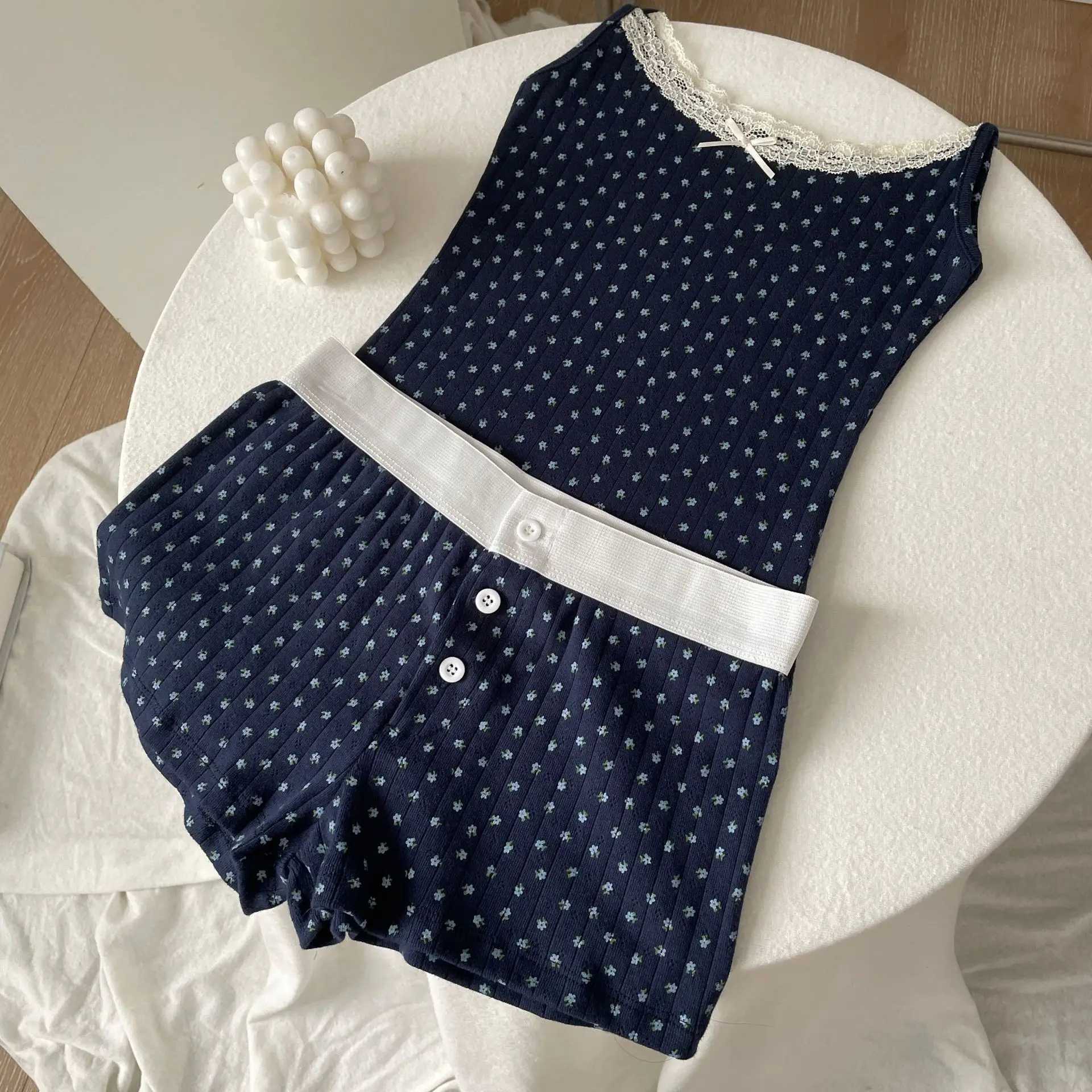 Floral Print Eyelet Camisole Women Lace Trim Bow Sleeveless Slim Tank Tops Summer New Sweet Chic Vintage Vest Crop Top Y2kXJ250508