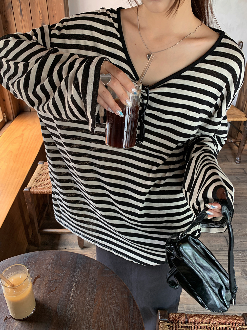 HM145 Summer Korean style loose lazy style striped t-shirt female sunscreen blouse top female