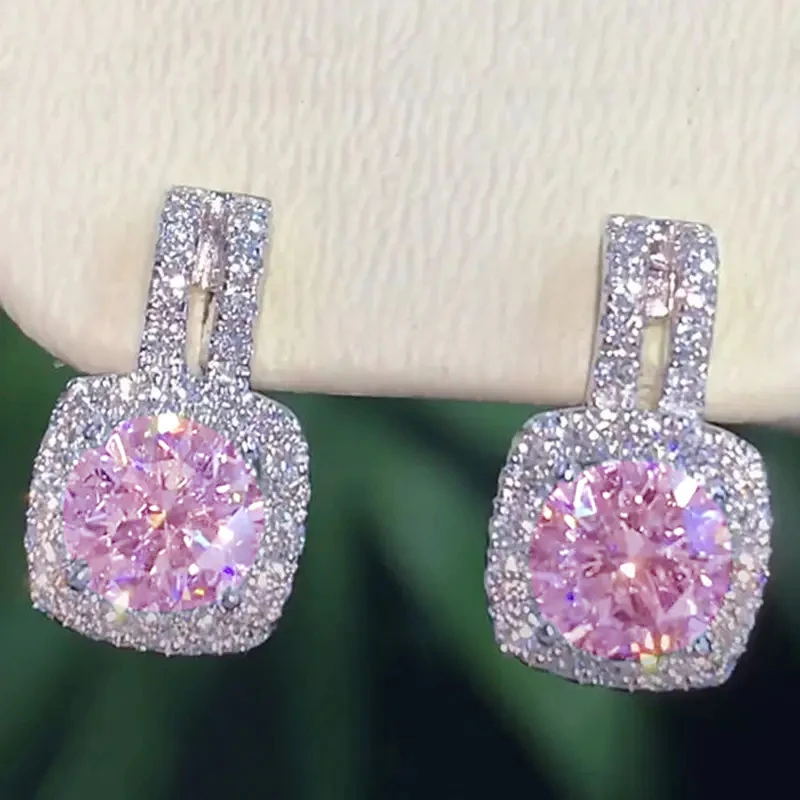 Classic Stud Earrings Women Round Cut Cubic Zirconia Stud White Gold Set Sparkling Crystal Stud Earrings Pink Diamond Earrings Luxury Jewelry