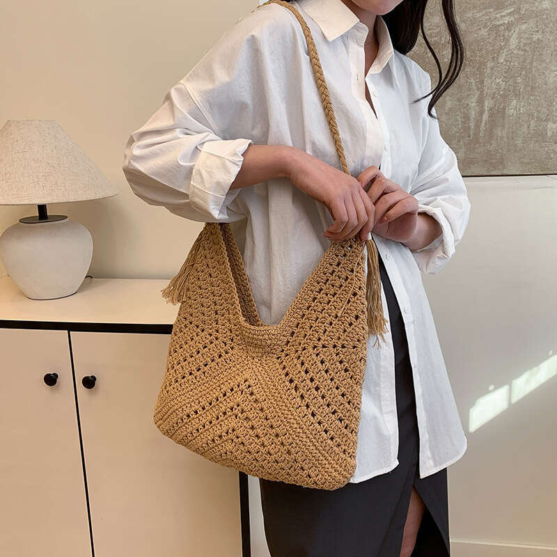 Beach Bag New Woven Drawstring Shoulder With Large Capacity Hollow Out Personalized Temperament Handbag For Vacation Fashion Beach Bag KQ