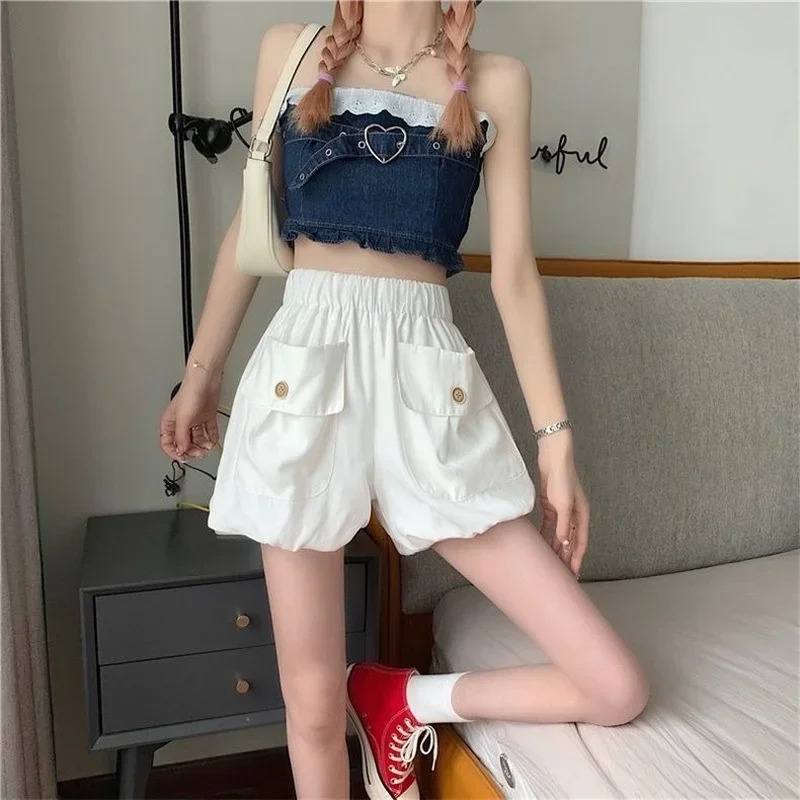 Pumpkin lantern shorts for women spring summer 2025 style elastic high waisted loose fit small casual fluffy pants 250506Z