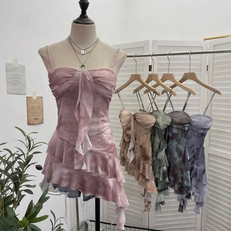 New Womens Smudged Mesh Spaghetti Strap Camisole With Breast Pads Irregular Ruffled Top Y2k Essential Streetwear Outfits 1139XJ250508