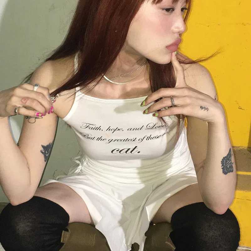 Sexy womens cut top tight corset vest top Y2k letter graphic printed clothing retro punk gothic Camisol pleated baby womens clothingXJ250508