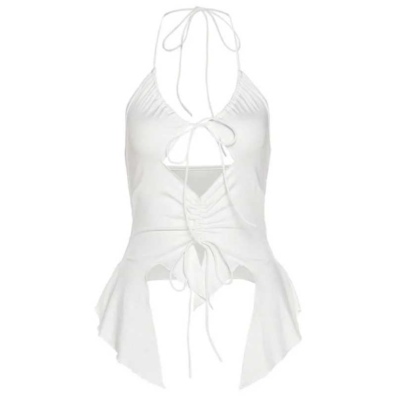 Gothic 21 Style Sexy Vintage Strappy Y2K Halter Crop Top Women Summer Backless Cami Ruffles Fashion Solid color Camisole PartyXJ250508