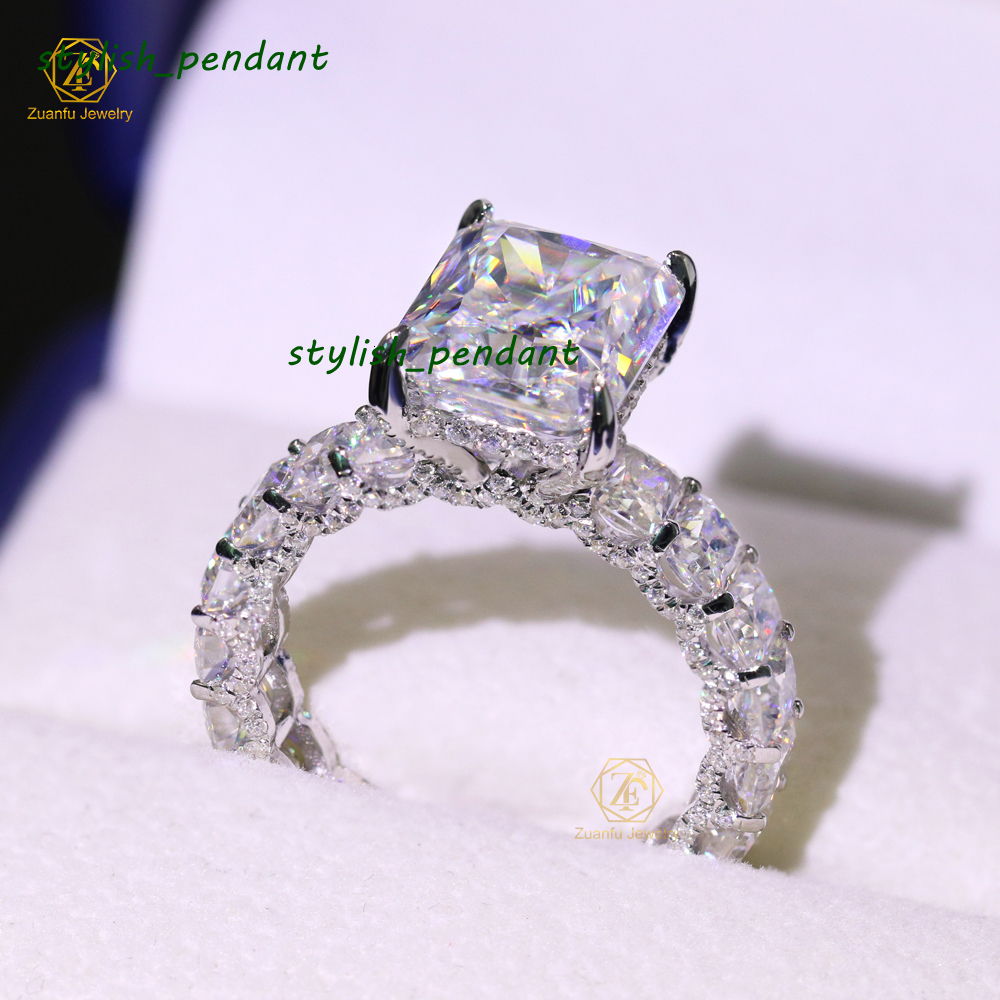925 Sterling Silver Women Radiant Cut 9*11mm 5carat and 3*4mm Full Moissanite Engagement Wedding Ring