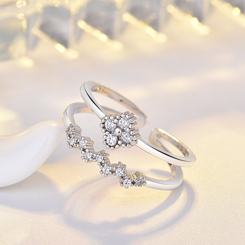 Free shipping Sweet clover designer ring for women girls s sier ic simple double row dia sparkling crystal band rings jewelry Free shipping