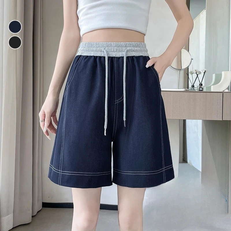 Summer Vintage IckSilk Patchwork Womens Wide Leg Shorts 2025 High Waist Korean Laceup Casual Loose Short Pants Female 250506Z