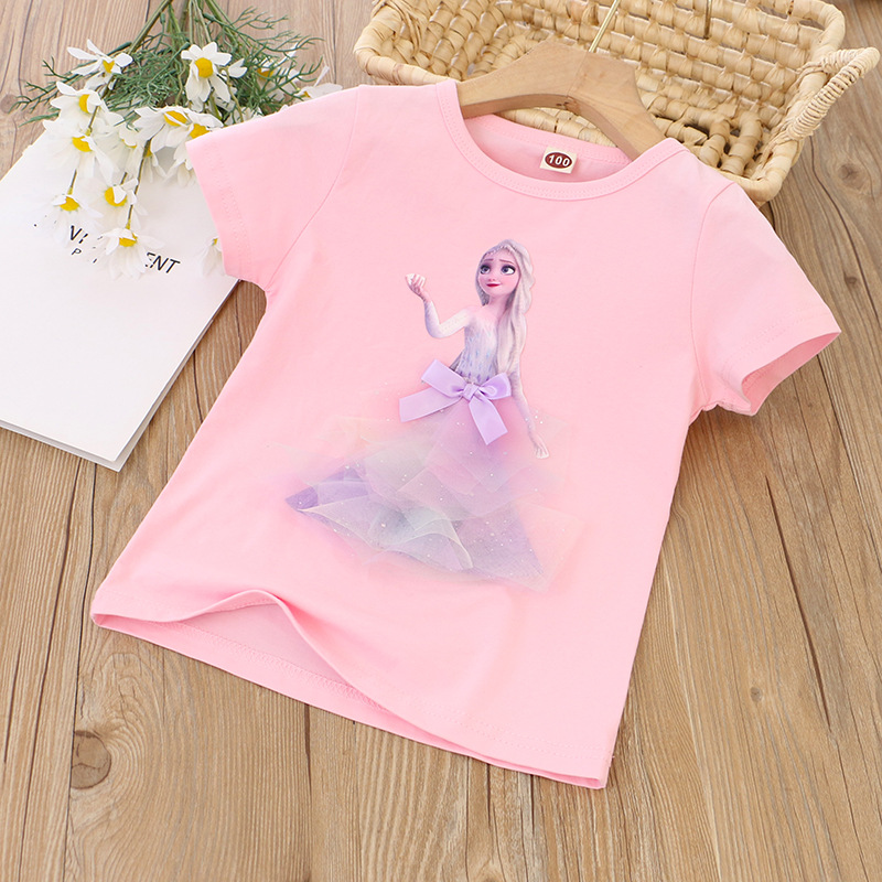 DISNEY Frozen Princess Elsa kids designer clothes toddler designer clothes Children's summer girl short-sleeved T-shirt Comfortable fabric.