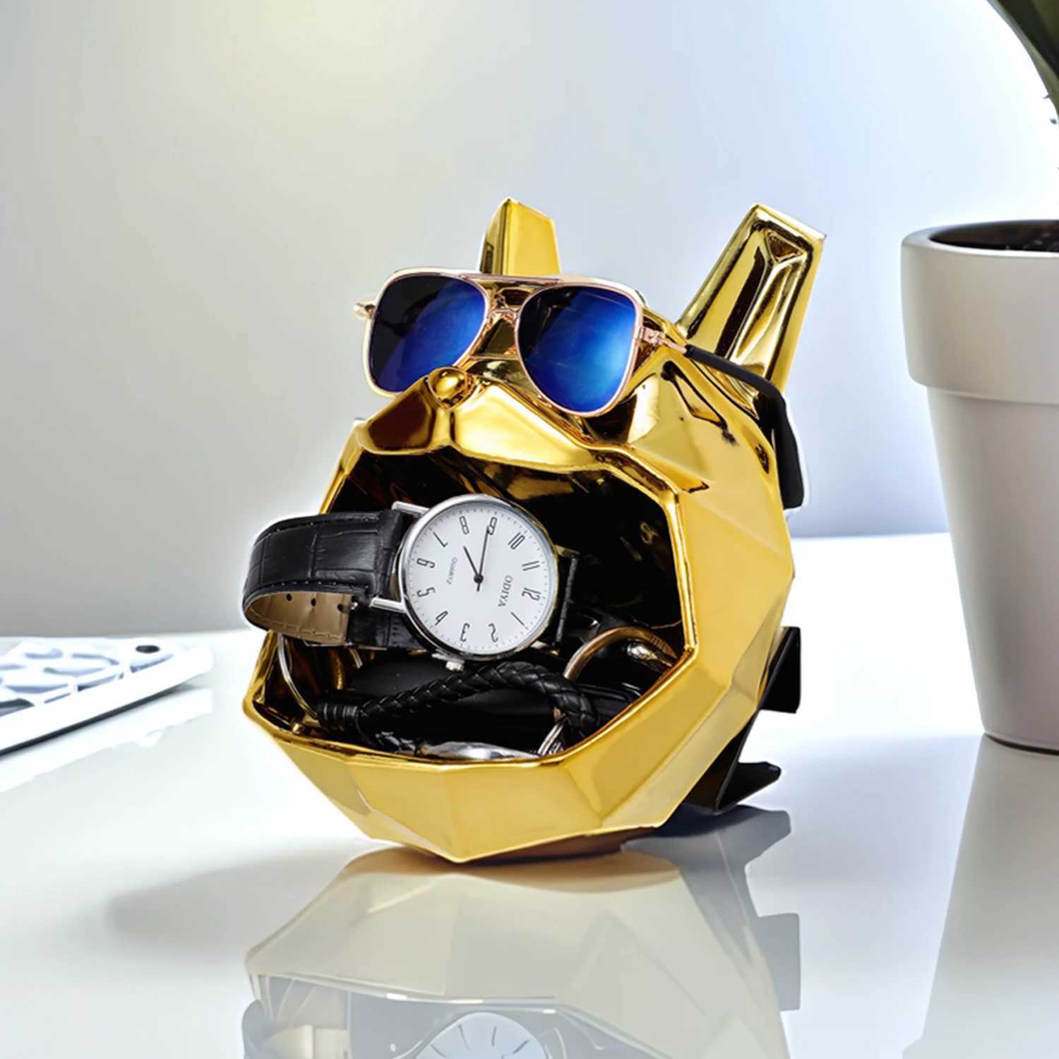 Polygonal Bldog dog shape with storage electroplating gold and silver solid synthetic resin sculpture decoration Y250509