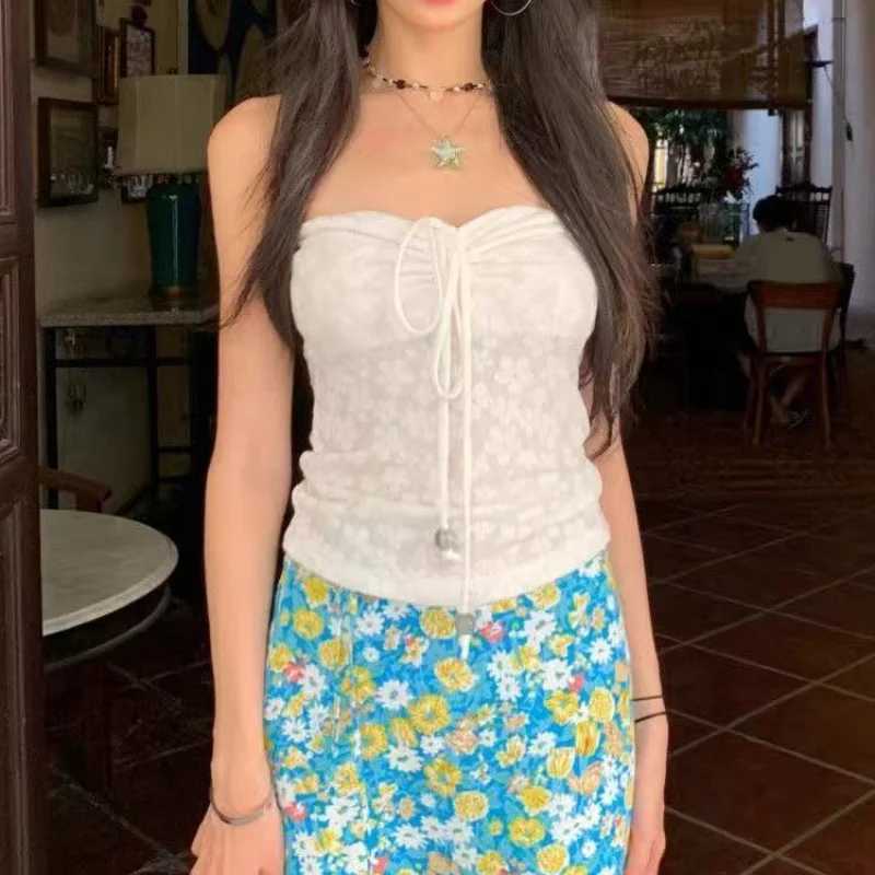 Summer beach vacation floral tube top womens lace close fitting vest sexy backless basic vest top camisole Y2k streetwearXJ250508