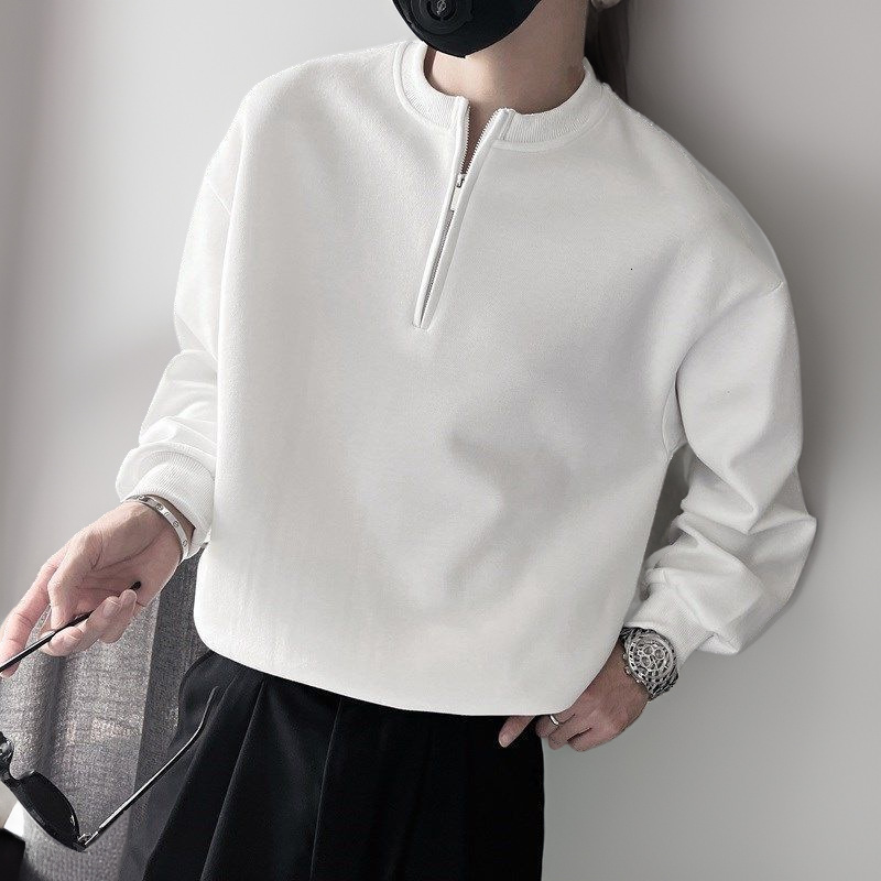 Handsome stand up collar half zip hoodie for men in spring autumn, with a niche trendy design, loose and casual top