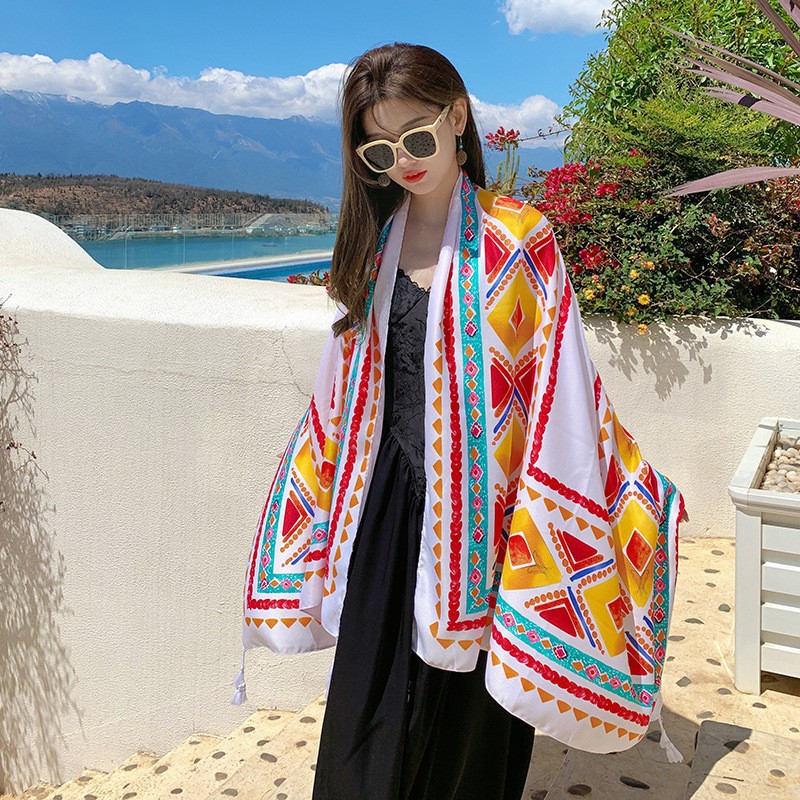 K662 New ethnic style large shawl Yunnan travel sunscreen scarf seaside beach towel cotton linen scarf cloak large gauze scarf