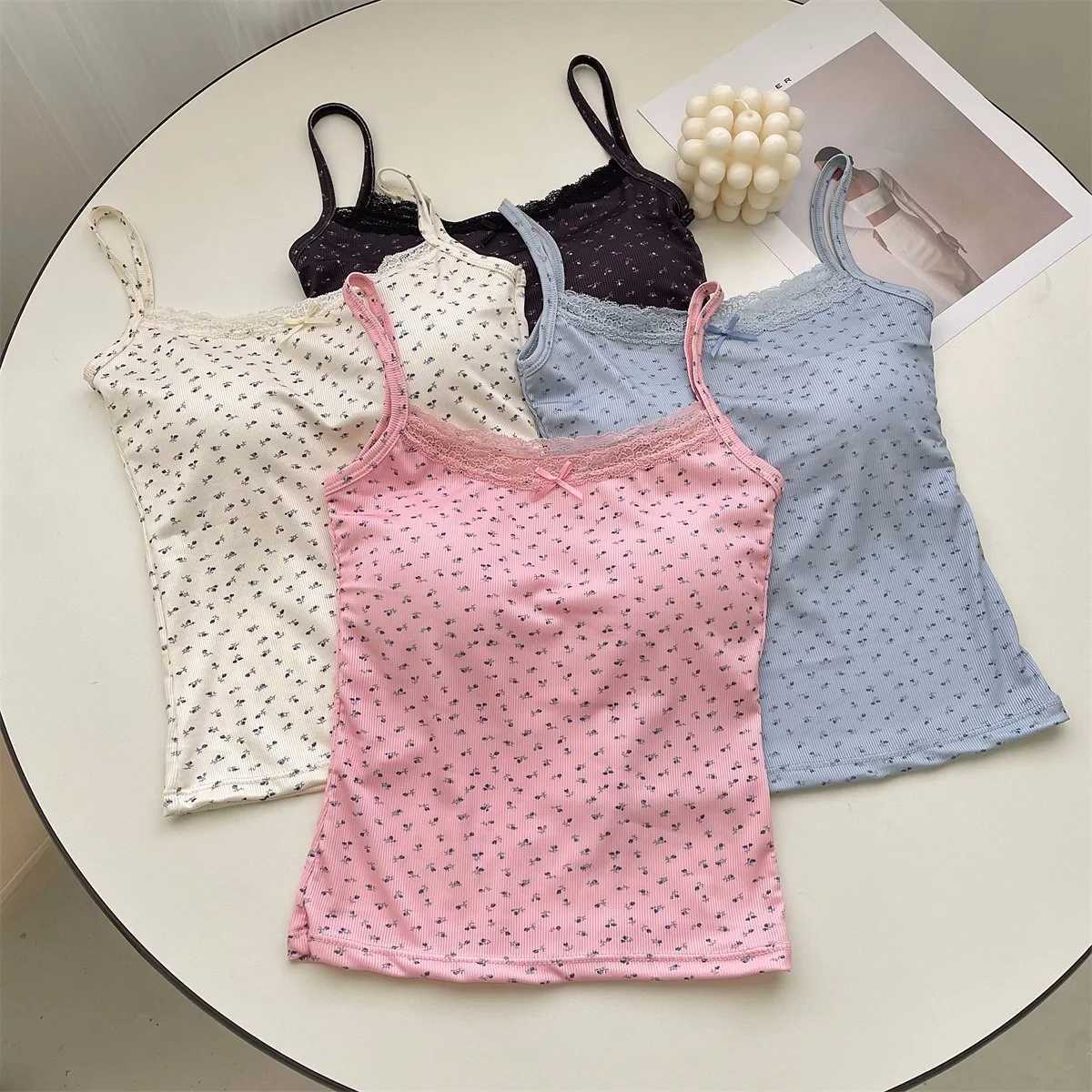 Lace Flower Print Camis Tank Tops One Size Sweet Floral Tops Elegant Slim Short Tank Tops Sexy Vest Y2K Camisole Women ClothesXJ250508