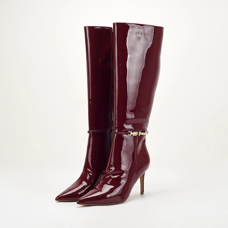 Burgundy Patent Leather Long Boots Luxury Buckle Decoration Pointy Toe Thin Heels Sexy Shoes Winter Womens Knee High Boots Z250303