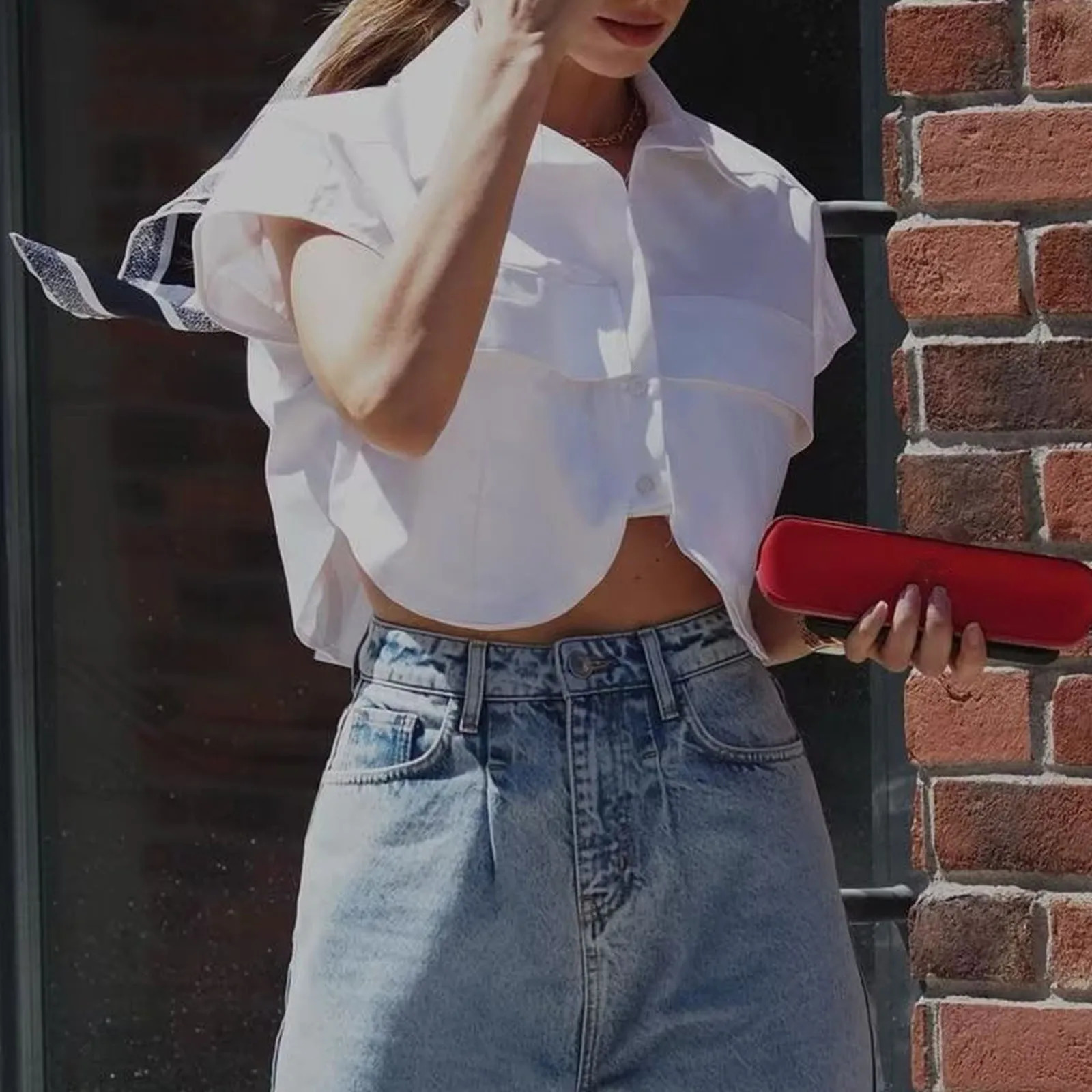 Womens casual denim vest with oversized buttons asymmetrical hem sleeveless jacket cropped pockets 250430Z