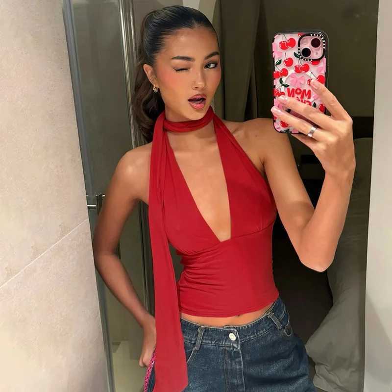 Womens Sexy Backless Low Cut Out Scarf Crop Tops Summer Trend Sleeveless Bandage Deep V-Neck Tank Tops Y2K Streetwear Basic VestXJ250508