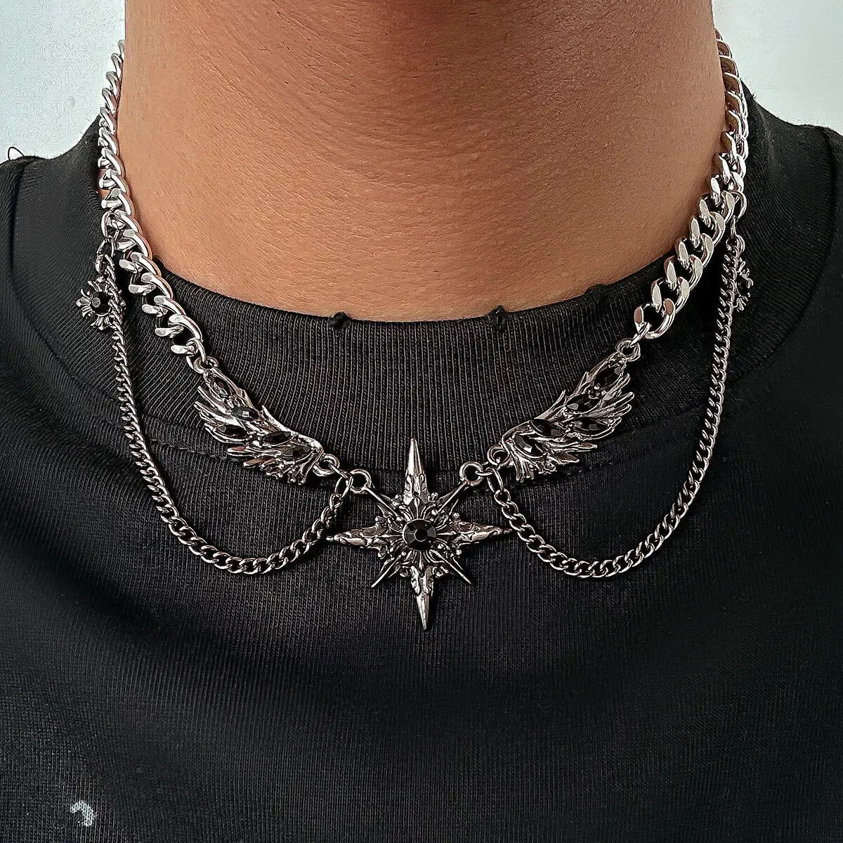 England Hip Hop Geometric Octagonal Star Wing Pendant Choker Necklace Goth Stainless Steel Chain Grunge Jewelry Steampunk Men 250509